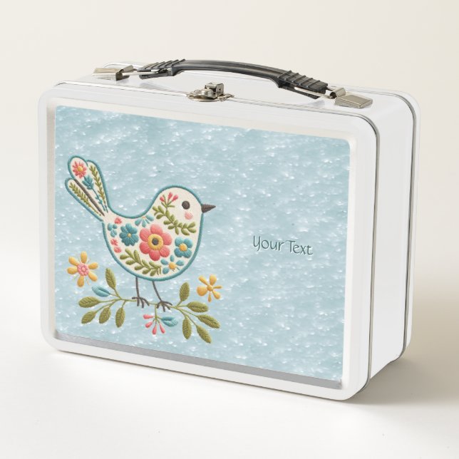 Little Bird Floral Green Leaves Metal Lunch Box (Front)