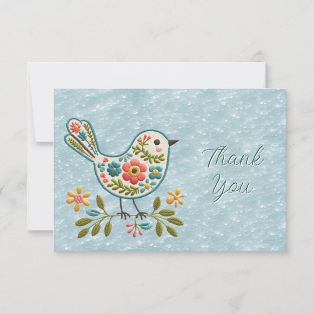 Little Bird Floral Green Leaves Thank You Card (Front)