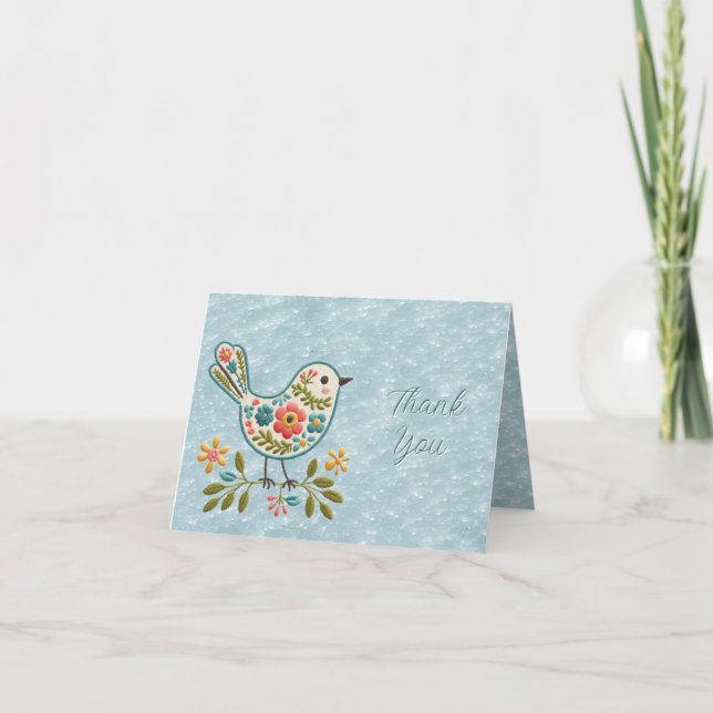Little Bird Floral Green Leaves Thank You Card (Front)