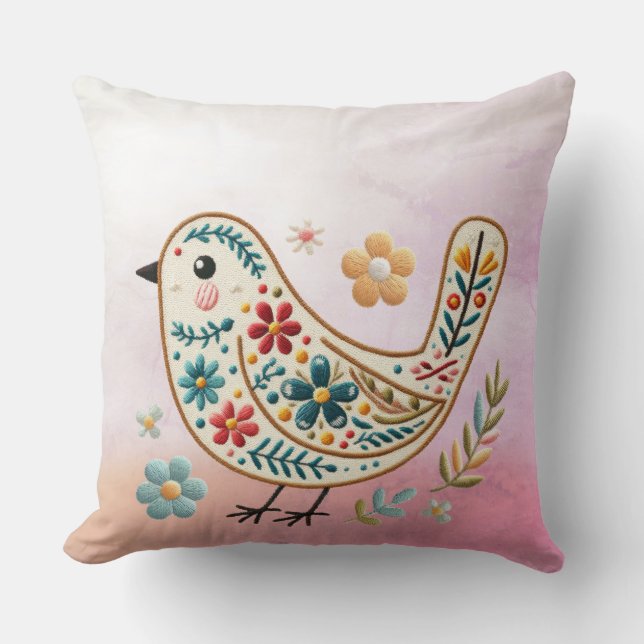 Little Bird Floral Pink Throw Pillow (Front)
