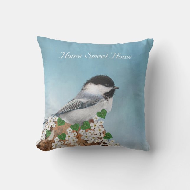 Little Bird & Flowers Home Sweet Home Throw Pillow (Front)