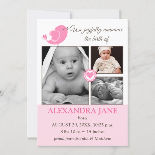 Little Bird Hearts Baby Photo Birth Announcement
