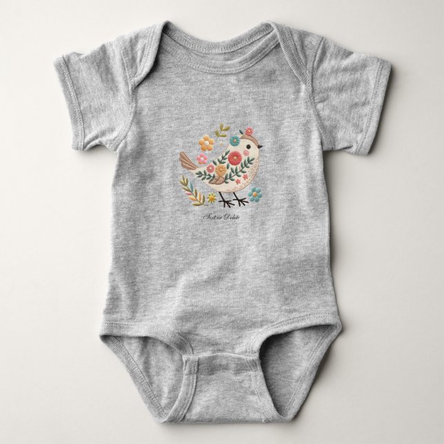 Little Bird Leaves Flowers Pink Baby Bodysuit (Front)