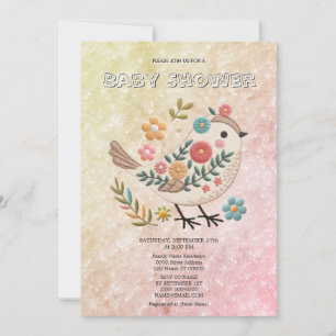 Little Bird Leaves Flowers Pink Baby Shower Invitation