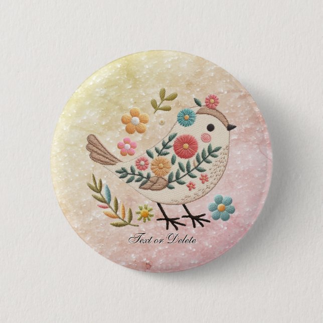 Little Bird Leaves Flowers Pink Button (Front)