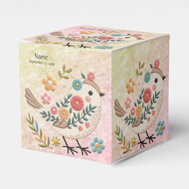 Little Bird Leaves Flowers Pink Favor Box (Front Side)