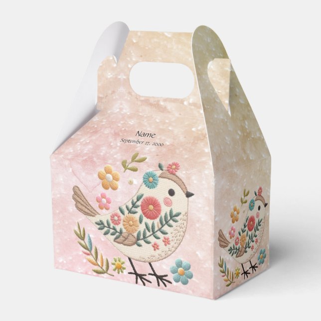 Little Bird Leaves Flowers Pink Favor Box (Front Side)