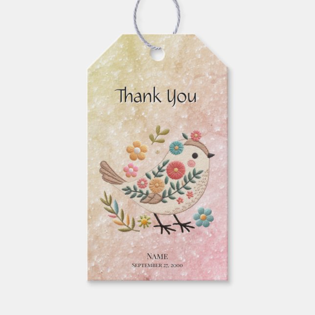 Little Bird Leaves Flowers Pink Gift Tag (Front)