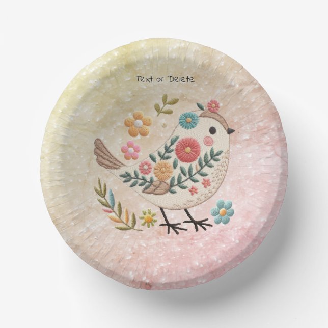 Little Bird Leaves Flowers Pink Paper Bowl (Front)