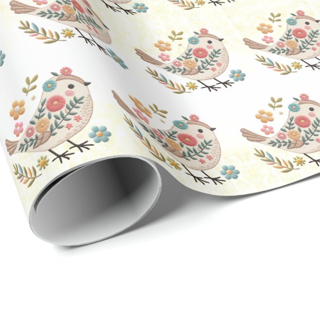 Little Bird Leaves Flowers Pink Wrapping Paper (Roll Corner)