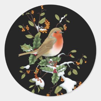 Little Bird On Holly Classic Round Sticker by WhitewavesChristmas at Zazzle