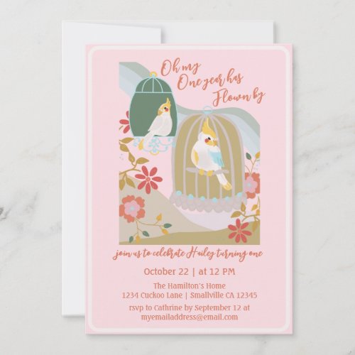 Little Bird Pink First Birthday Invitation