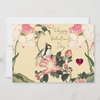 LITTLE BIRD,PINK ROSES,LOTUS FLOWER Valentine Day Holiday Card