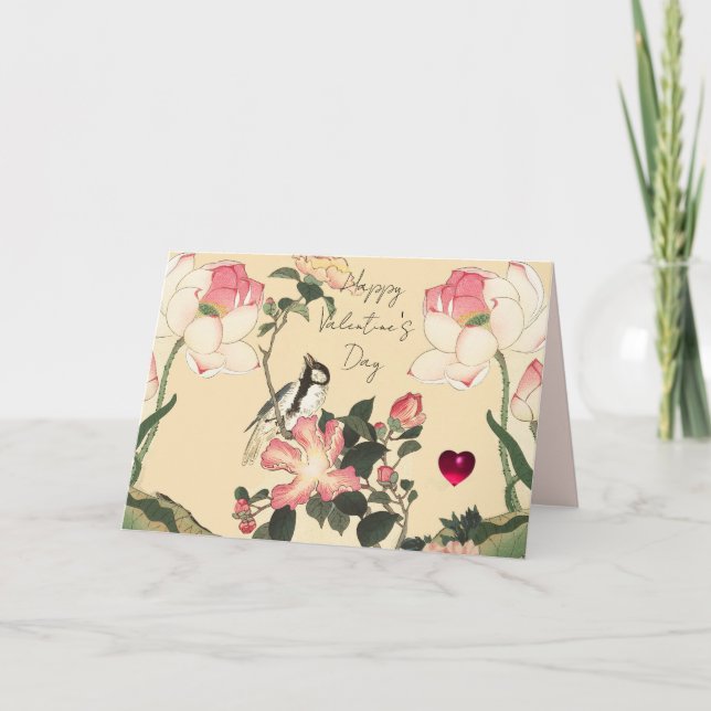 LITTLE BIRD,PINK ROSES,LOTUS FLOWER Valentine Day Holiday Card (Front)