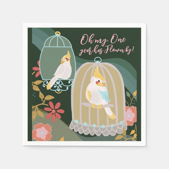 Little Bird Rainbow Green Girl First Birthday Napkins (Front)