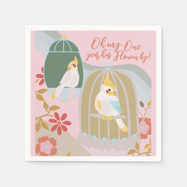 Little Bird Rainbow Pink Girl First Birthday Napkins (Front)