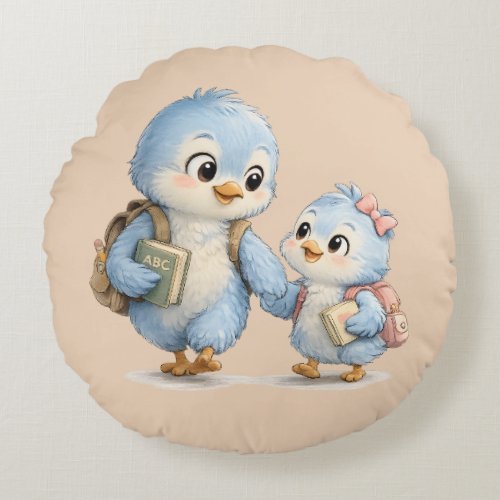 Little Bird Siblings Round Throw Pillow