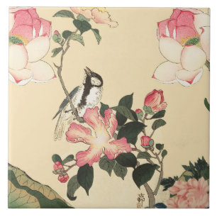 LITTLE BIRD WITH PINK ROSES AND LOTUS FLOWERS CERAMIC TILE