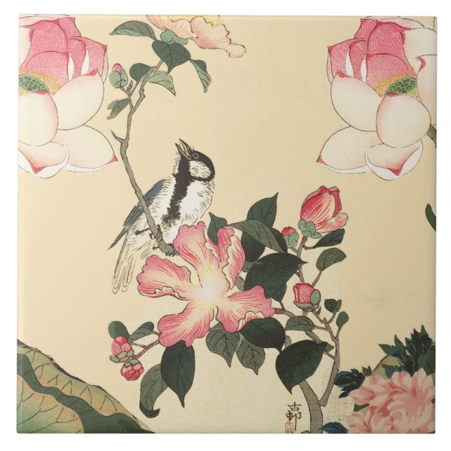LITTLE BIRD WITH PINK ROSES AND LOTUS FLOWERS CERAMIC TILE (Front)