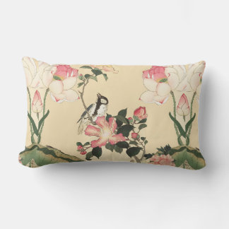 LITTLE BIRD WITH PINK ROSES AND LOTUS FLOWERS LUMBAR PILLOW