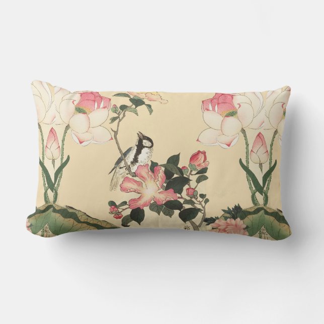 LITTLE BIRD WITH PINK ROSES AND LOTUS FLOWERS LUMBAR PILLOW (Front)