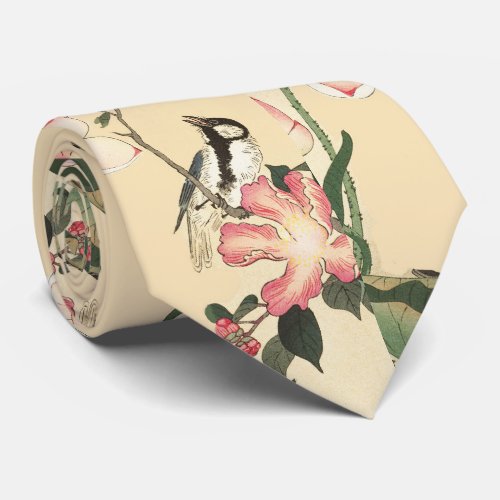 LITTLE BIRD WITH PINK ROSES AND LOTUS FLOWERS  NECK TIE