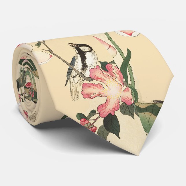 LITTLE BIRD WITH PINK ROSES AND LOTUS FLOWERS  NECK TIE (Rolled)