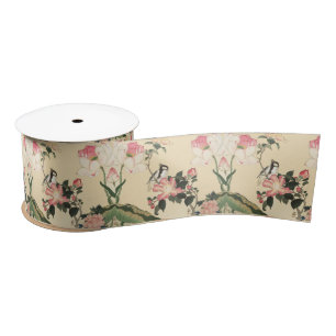 LITTLE BIRD WITH PINK ROSES AND LOTUS FLOWERS SATIN RIBBON