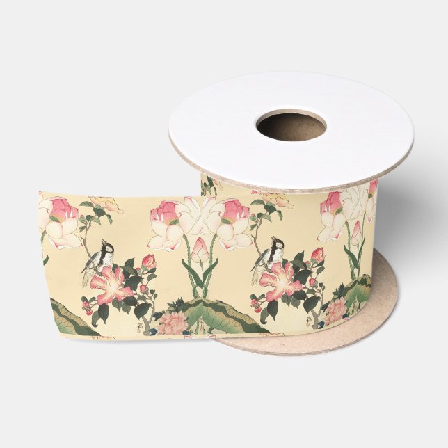 LITTLE BIRD WITH PINK ROSES AND LOTUS FLOWERS SATIN RIBBON (Spool)