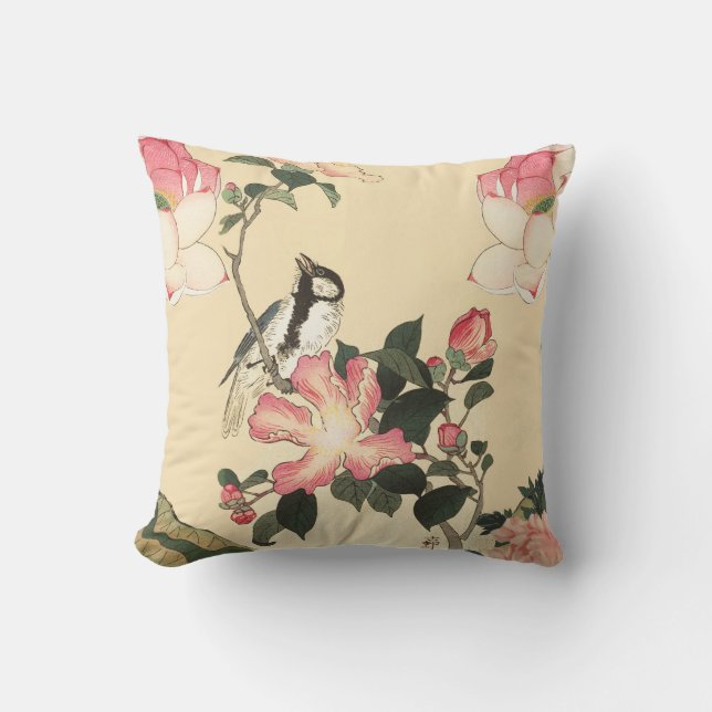 LITTLE BIRD WITH PINK ROSES AND LOTUS FLOWERS THROW PILLOW (Front)