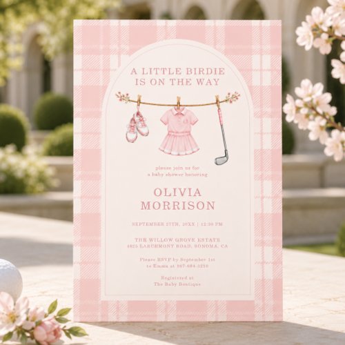 Golf Pink Gingham or plaid baby shower invitation