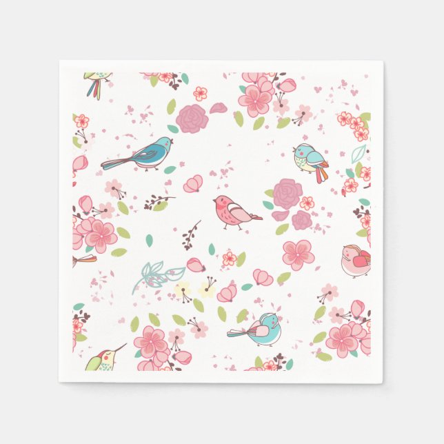 Little Birdie Pink and Blue Whimsical Girly Paper Napkins (Front)