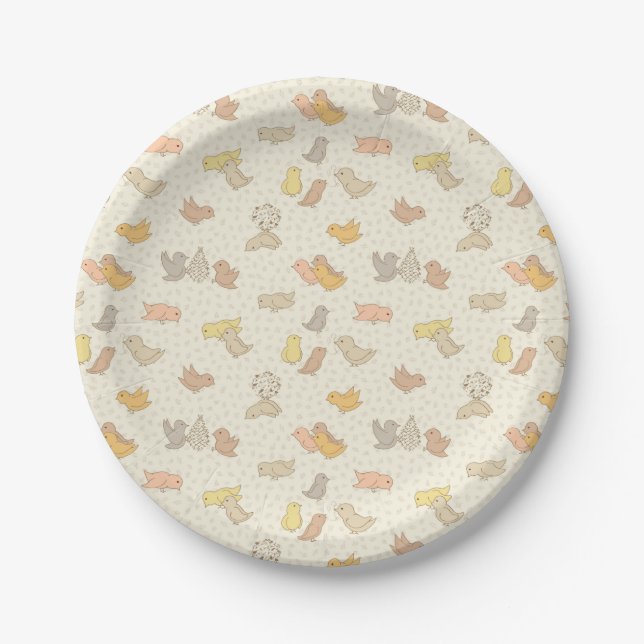 Little Birdies and feathers on beige - pattern.    Paper Plates (Front)