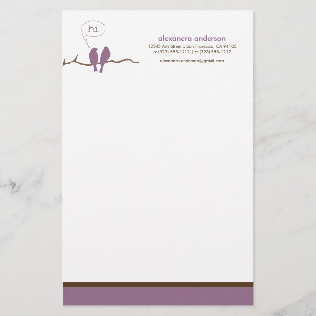 Little Birdies Custom Designer Stationery (purple) (Front)