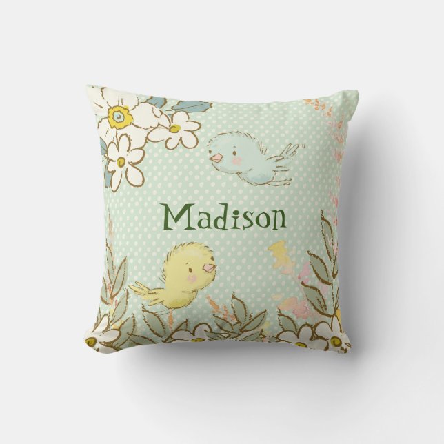 Little Birds Flying Floral Polka Dots Baby Nursery Throw Pillow (Front)