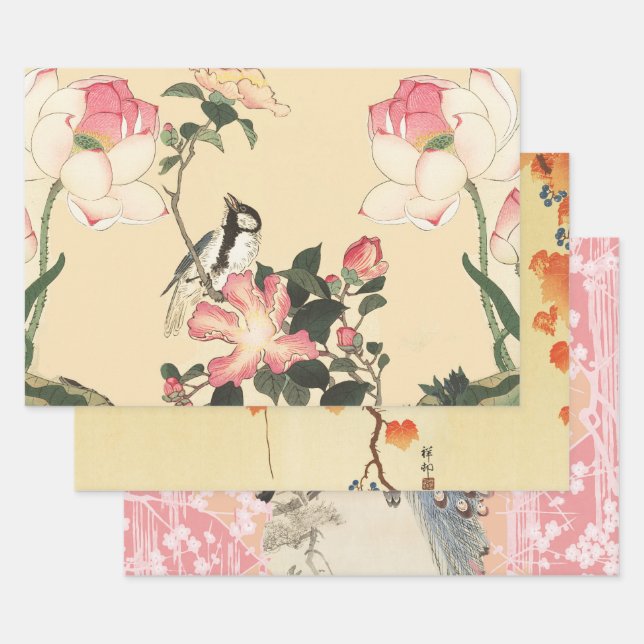 LITTLE BIRDS,PEACOCKS, PINK ROSES ,LOTUS FLOWERS  WRAPPING PAPER SHEETS (Set)