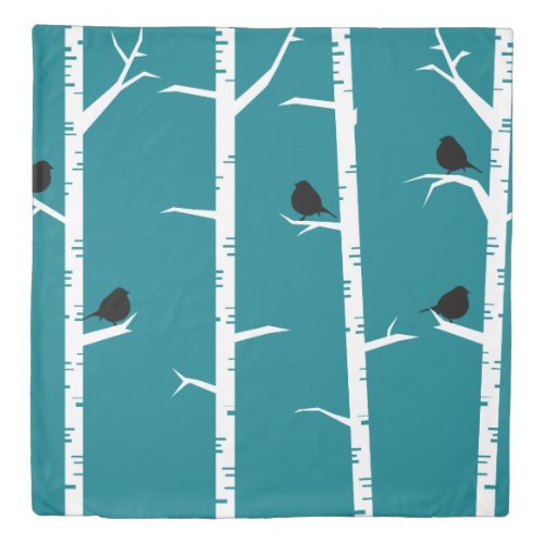 Little Black Birds and White Birch Trees Duvet Cover