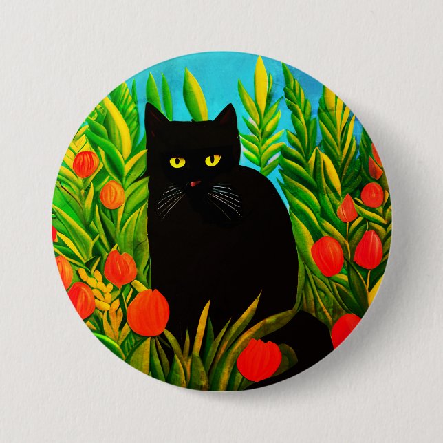 Little Black Cat in a Tulip Garden Button (Front)