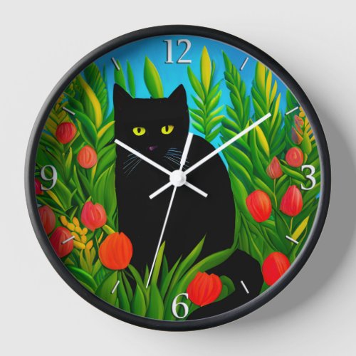 Little Black Cat in a Tulip Garden Clock