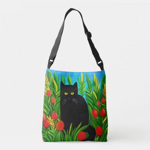 Little Black Cat in a Tulip Garden Crossbody Bag