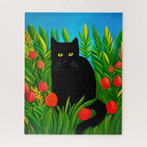 Little Black Cat in a Tulip Garden  Jigsaw Puzzle