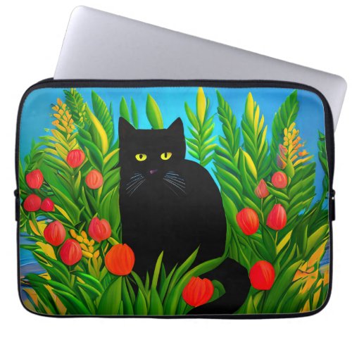 Little Black Cat in a Tulip Garden  Laptop Sleeve