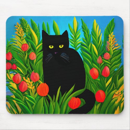 Little Black Cat in a Tulip Garden  Mouse Pad