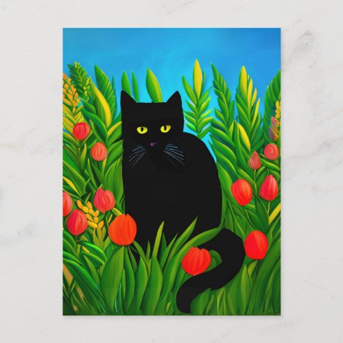 Little Black Cat in a Tulip Garden  Postcard