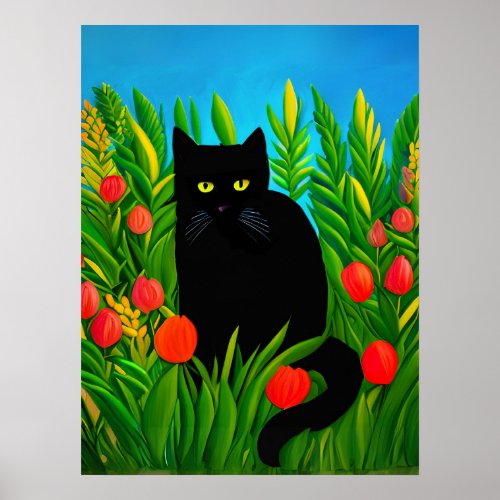 Little Black Cat in a Tulip Garden  Poster