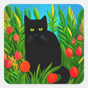 Little Black Cat in a Tulip Garden Square Sticker