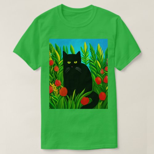 Little Black Cat in a Tulip Garden T_Shirt