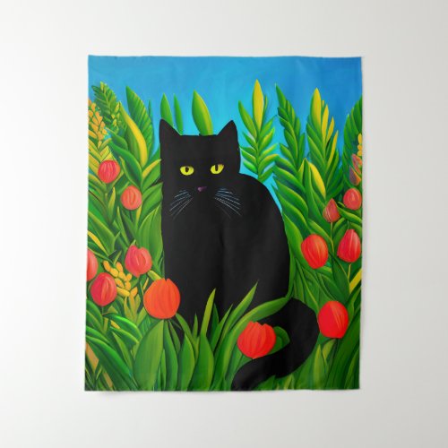 Little Black Cat in a Tulip Garden Tapestry