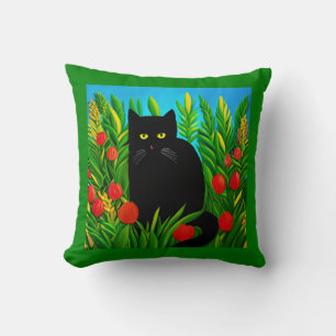 Little Black Cat in a Tulip Garden Throw Pillow