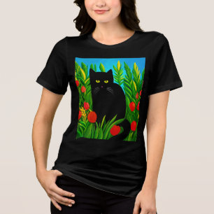 Little Black Cat in a Tulip Garden Tri-Blend Shirt